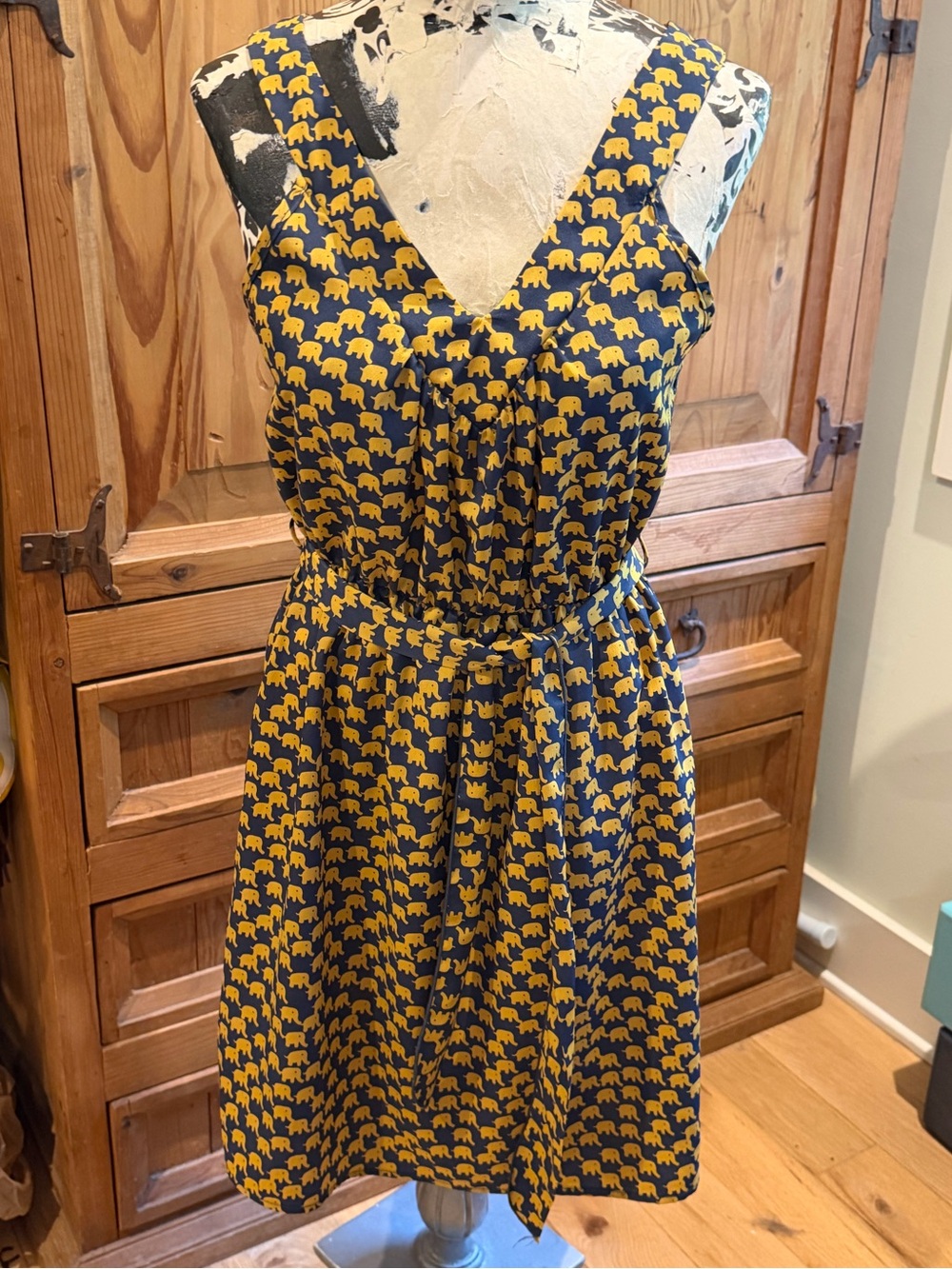 DejaVu Yellow&Blue Elephant Print V-Neck Belted Sundress, Smsll